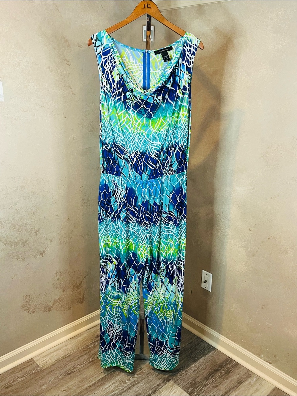 Ashley Stewart Blue Green Cowl-Neck Printed Jumpsuit 14/16